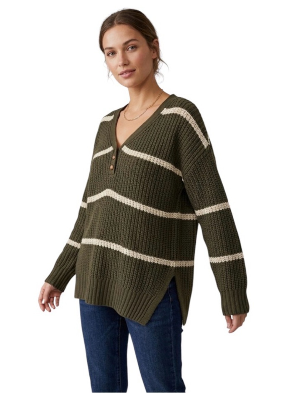 NWT Pink Rose Striped V-Neck Cable Knit Sweater Olive Green and Cream Sz Medium